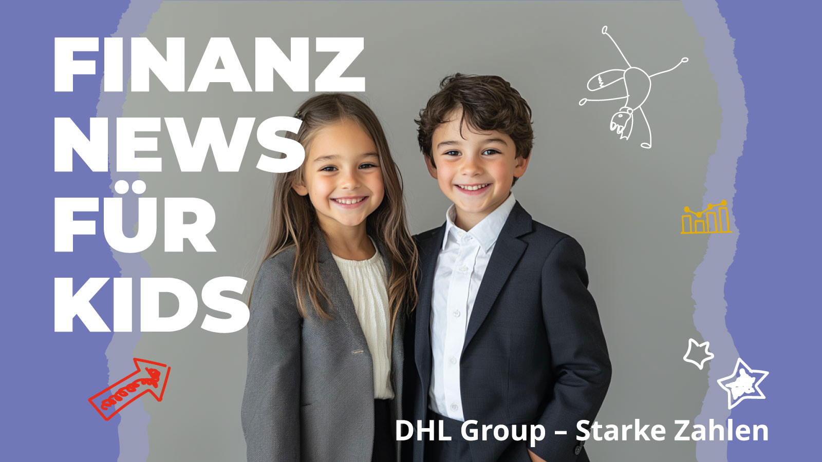 Zwei Kinder im Business-Look lächeln in die Kamera. Sie stehen für Finanzwissen für Kinder. Thema: DHL Group überrascht mit starken Zahlen und guten Nachrichten an der Börse.