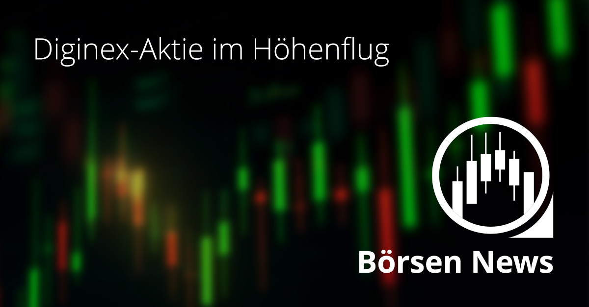 Kursdiagramm mit grünen und roten Kerzen zeigt den starken Anstieg der Diginex-Aktie an der Börse
