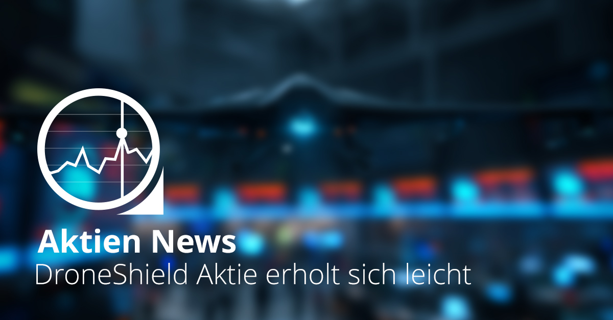 Darstellung eines Drohnenabwehr Systems vor fallenden und leicht steigenden Kursdiagrammen.