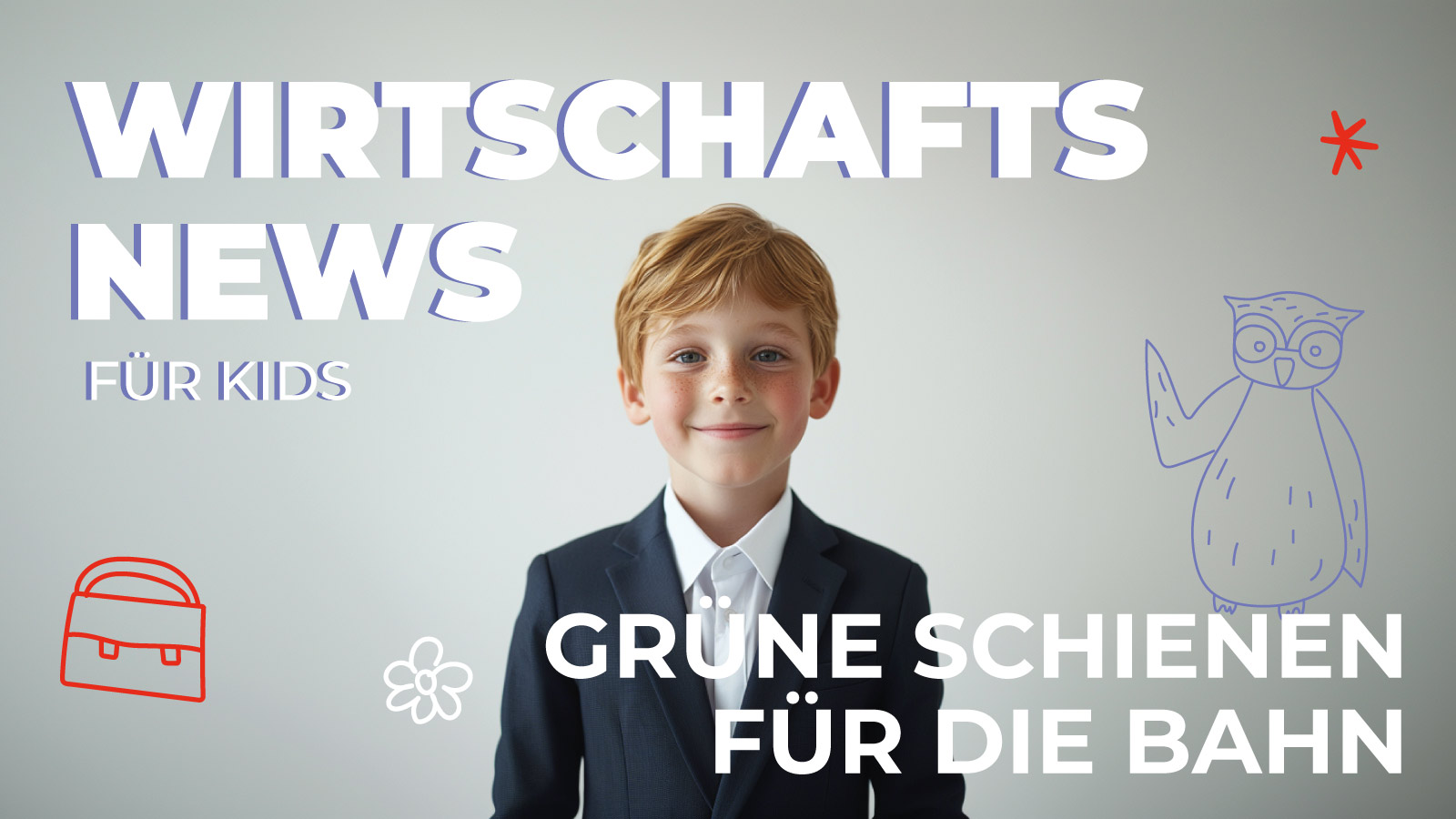 Kindgerechte Wirtschaftsgrafik mit Junge im Anzug, daneben Text: „Grüne Schienen für die Bahn, Wirtschaftsnews für Kinder“