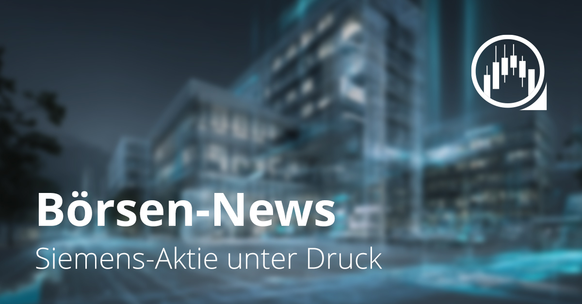 Unscharfe Darstellung moderner Siemens-Gebäude mit digitalem Lichteffekt und Börsen-Icon, ergänzt durch den Schriftzug „Börsen-News – Siemens-Aktie unter Druck“.