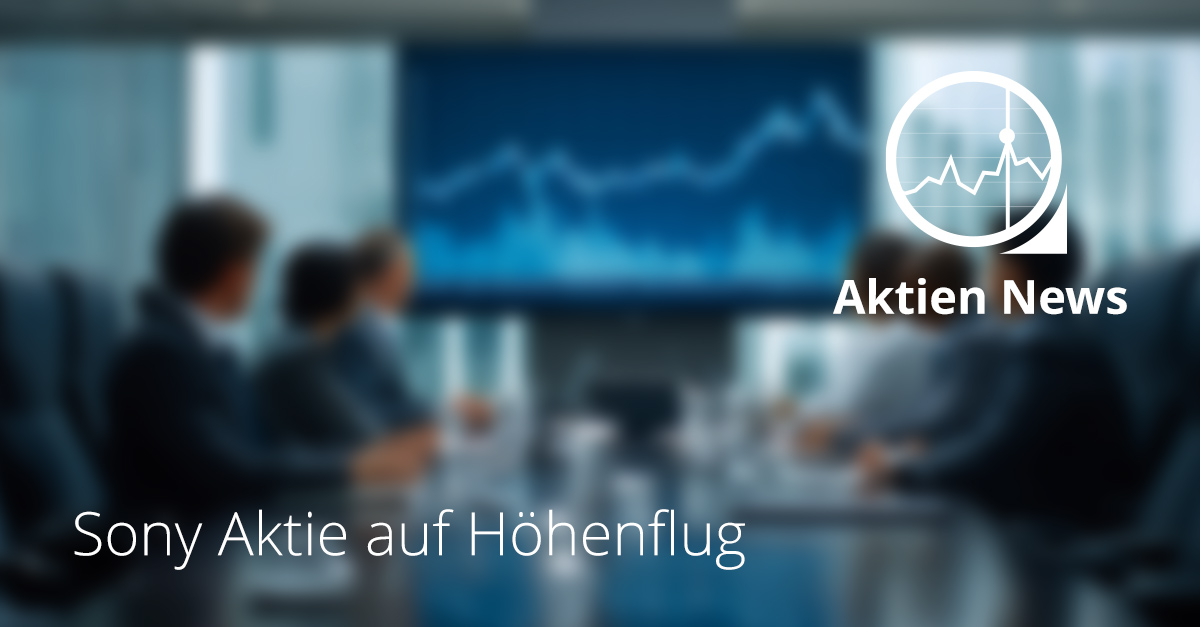 Symbolbild mit Geschäftsleuten vor einem großen Bildschirm mit steigender Aktienkurve und der Aufschrift „Sony Aktie auf Höhenflug“, steht für Kursanstieg nach überzeugenden Quartalszahlen.