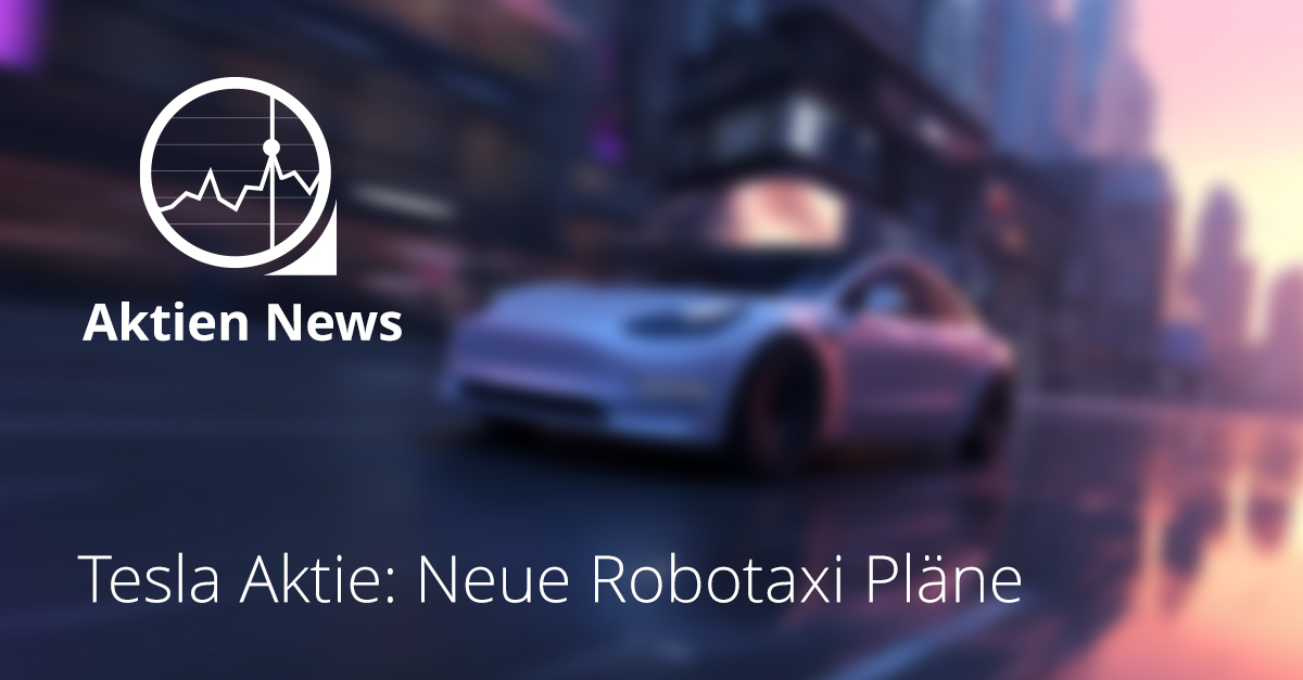 Ein autonomes Tesla Robotaxi fährt durch eine moderne amerikanische Stadt bei Abendlicht.