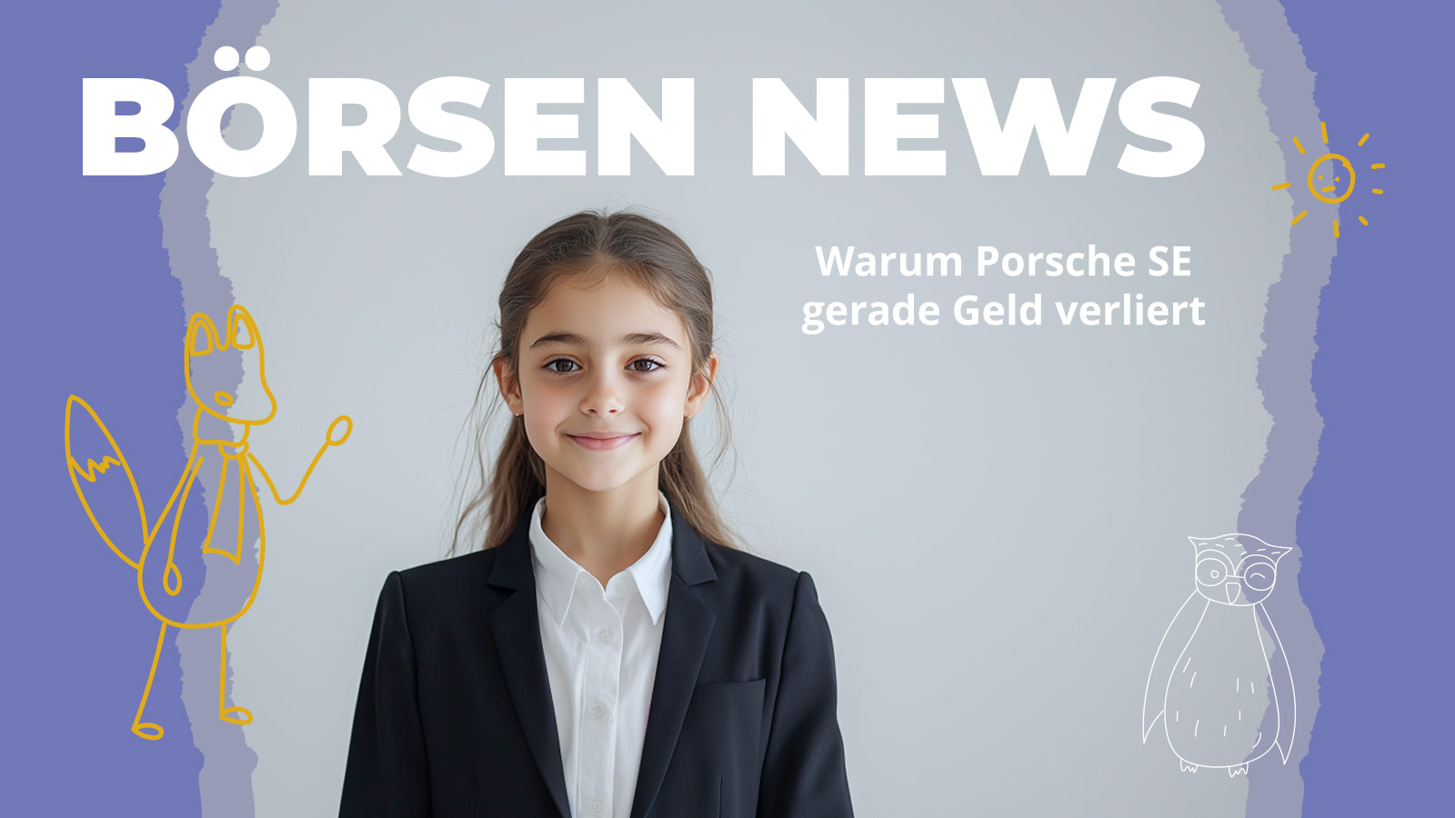 Ein junges Mädchen im Anzug steht lächelnd vor einem grauen Hintergrund. Neben ihr sind bunte Zeichnungen eines Fuchses und einer Eule zu sehen. Oben steht in großen Buchstaben „Börsen News“ und der Text „Warum Porsche SE gerade Geld verliert“. Das Bild symbolisiert kindgerechte Finanzbildung und erklärt Wirtschaftsthemen spielerisch.