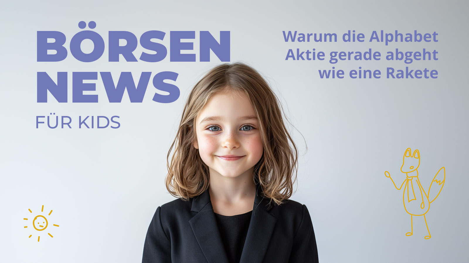 Ein lächelndes Mädchen im schwarzen Blazer steht vor hellem Hintergrund. Links steht groß „Börsen News für Kids“, rechts der Text „Warum die Alphabet Aktie gerade abgeht wie eine Rakete“. Um das Mädchen herum sind kleine kindliche Zeichnungen wie eine Sonne und ein Fuchs zu sehen. Das Bild vermittelt spielerische Finanzbildung für Kinder.