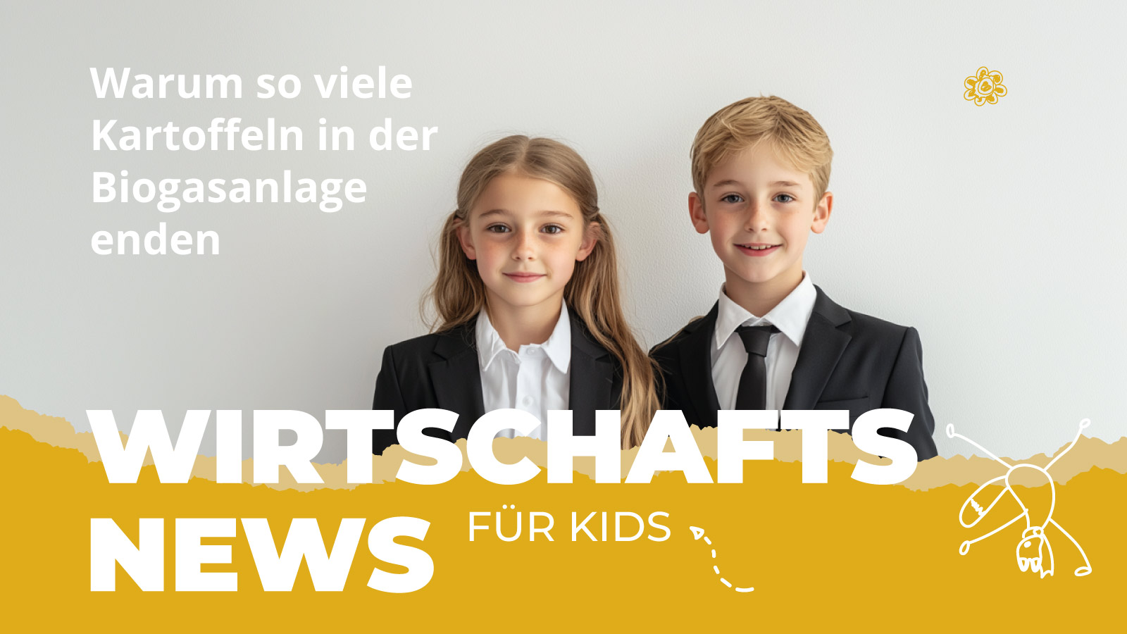 Zwei Kinder im Anzug stehen lächelnd vor einer hellen Wand. Links daneben steht der Titel „Warum so viele Kartoffeln in der Biogasanlage enden“. Unten sieht man den Schriftzug „Wirtschafts News für Kids“ auf gelbem Hintergrund.