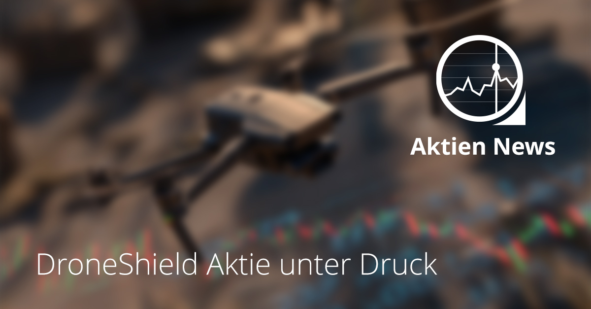 Fallender Aktienkurs von DroneShield mit technischer Abwehrausrüstung im Hintergrund.