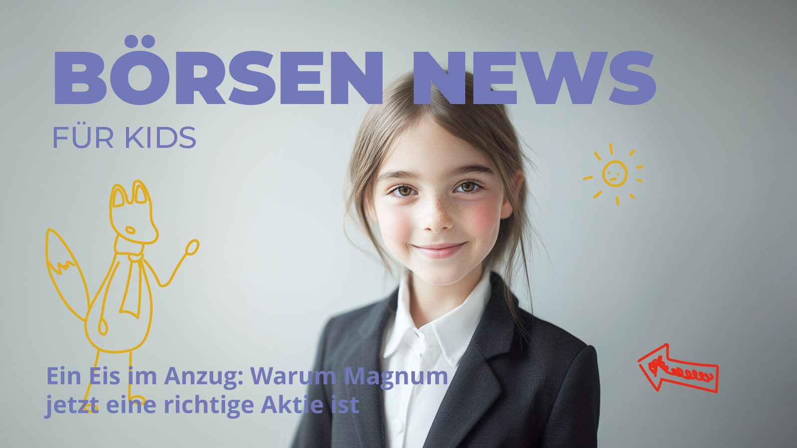 Ein lächelndes Mädchen im schwarzen Anzug steht vor hellem Hintergrund. Über ihr steht groß „Börsen News für Kids“, daneben einfache, kindliche Zeichnungen wie ein gelber Fuchs und eine strahlende Sonne. Unten rechts ist ein roter Pfeil zu sehen. Unter dem Bildtitel steht der Text „Ein Eis im Anzug: Warum Magnum jetzt eine richtige Aktie ist“. Das Motiv vermittelt spielerische Finanzbildung rund um den Börsengang von Magnum.