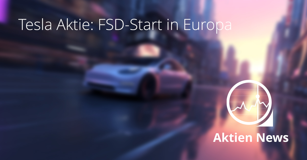 Ein autonom fahrender Tesla in einer futurischen Stadt mit leuchtenden Datenlinien, sinnbildlich für Robotaxis und FSD Technologie.