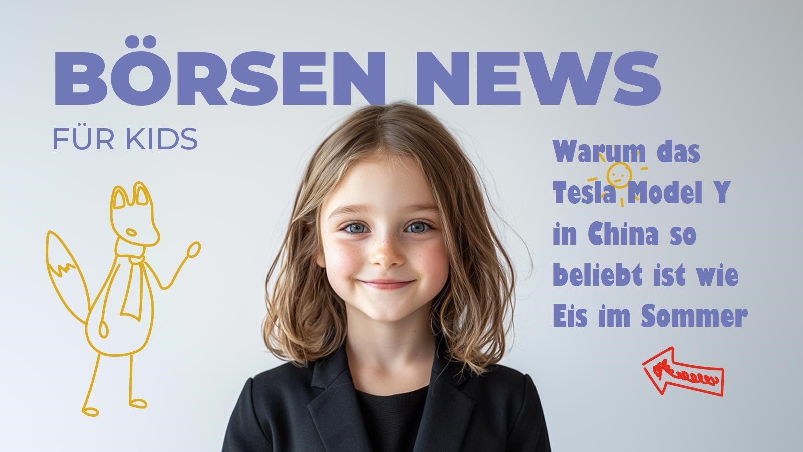 Ein lächelndes Mädchen im Business-Outfit steht vor hellem Hintergrund. Links steht groß „Börsen News für Kids“, daneben eine gelbe Fuchszeichnung. Rechts daneben erscheint der Text „Warum das Tesla Model Y in China so beliebt ist wie Eis im Sommer“ mit kleinen, kindlichen Kritzeleien wie einer Sonne und einem roten Pfeil. Das Bild vermittelt kindgerechte Finanzbildung rund um Tesla.