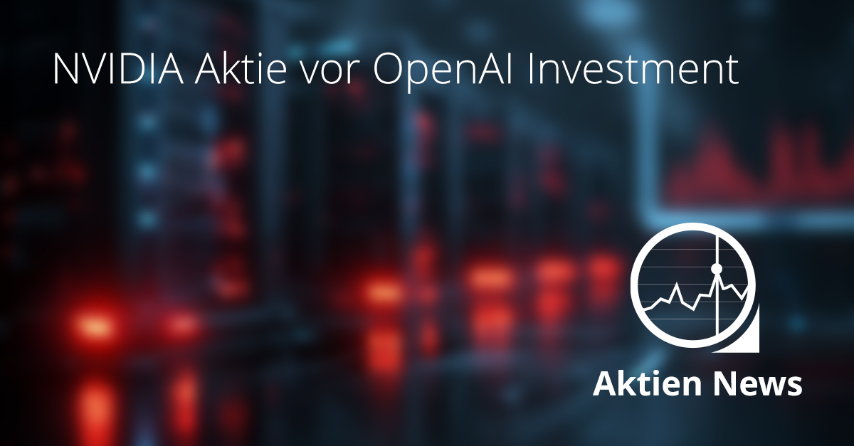 Symbolbild eines KI Rechenzentrums mit Hochleistungs GPUs und Finanzgrafik im Hintergrund