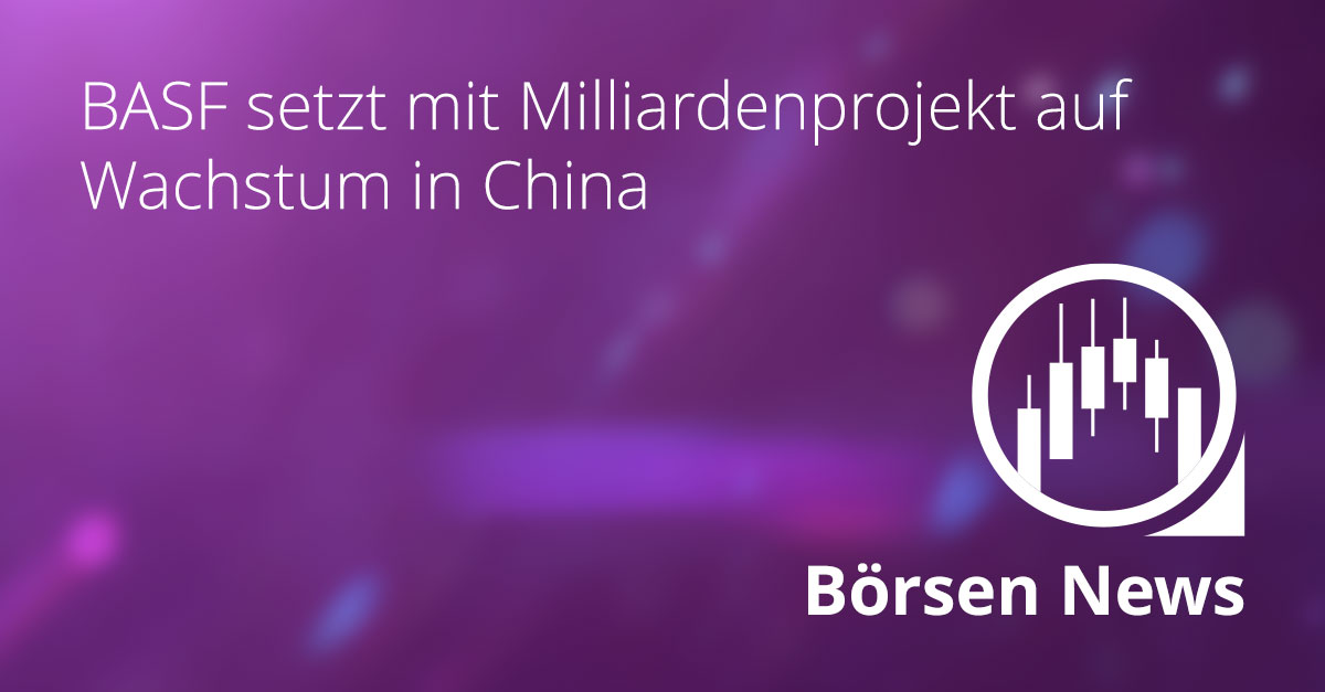 Abstrakte Börsengrafik mit violettem Hintergrund und Kurslinien als Symbol für BASF Großinvestition und Wachstum in China
