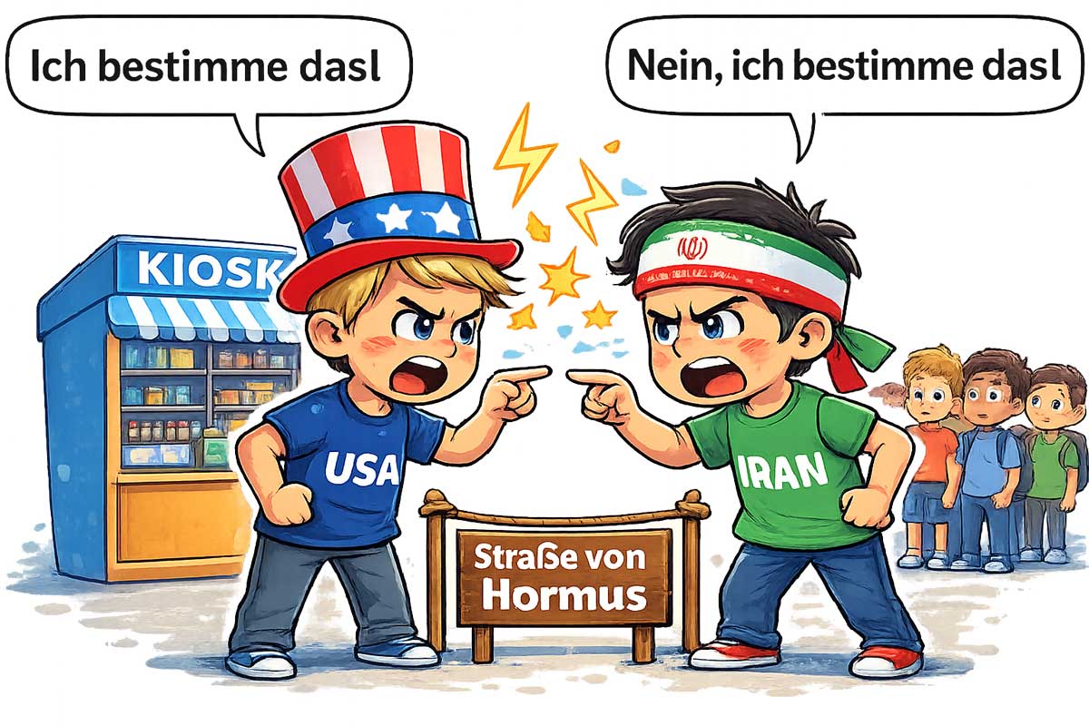 Cartoon Streit USA Iran Straße von Hormus einfach erklärt für Kinder