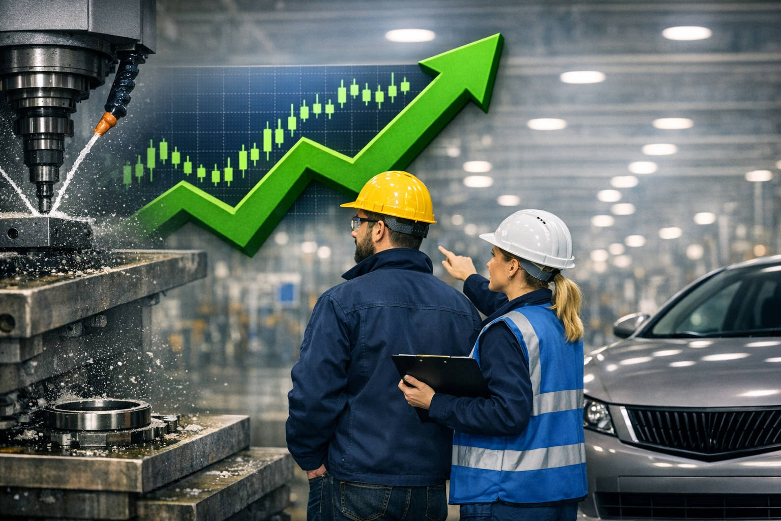Zwei Ingenieure mit Schutzhelmen beobachten eine CNC‑Maschine und ein aufwärtsgerichtetes Wachstumssymbol in einer Fabrikhalle