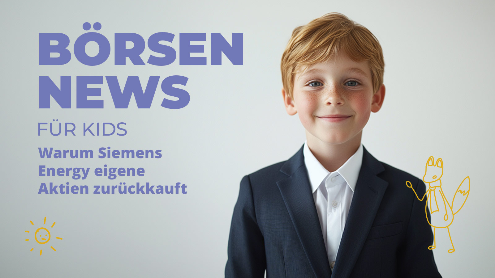 Kind im Anzug vor Grafik mit Schriftzug „Börsen News für Kids“ und „Warum Siemens Energy eigene Aktien zurückkauft“ zur kindgerechten Erklärung von Aktienrückkauf und Börse